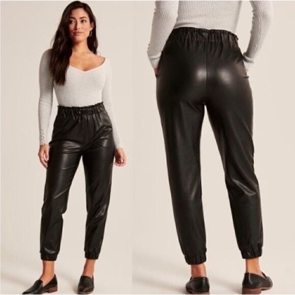 Abercrombie & Fitch Black Faux Leather Paperbag Joggers sz L - Picture 1 of 6